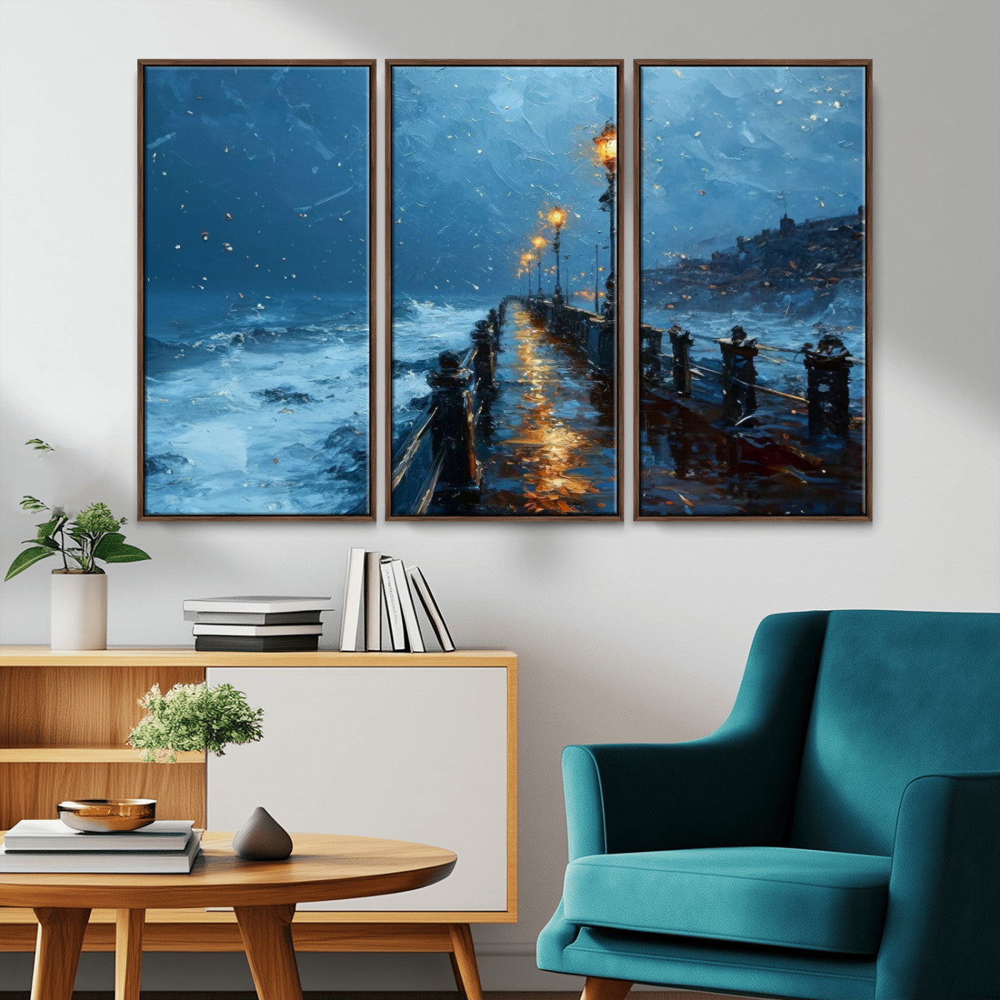 MGV-FC-48X32-3P - Stormy Night at Beach Pier Oil Painting Large Wall Art Print, Framed Canvas Nature Wall Decor,