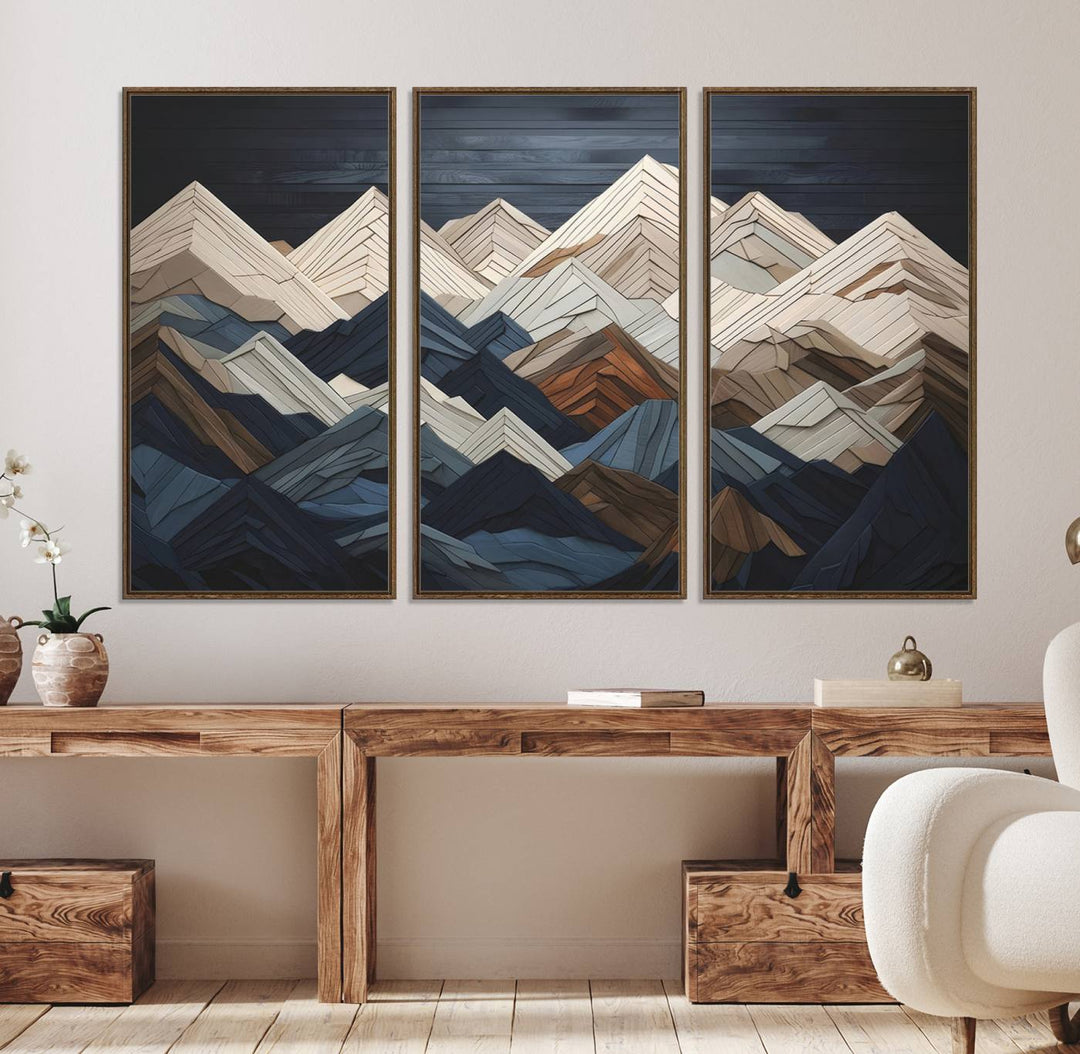 Abstract wood mountain range wall art in a 3-piece set featuring shades of blue, brown, and cream, ideal for modern rustic decor.