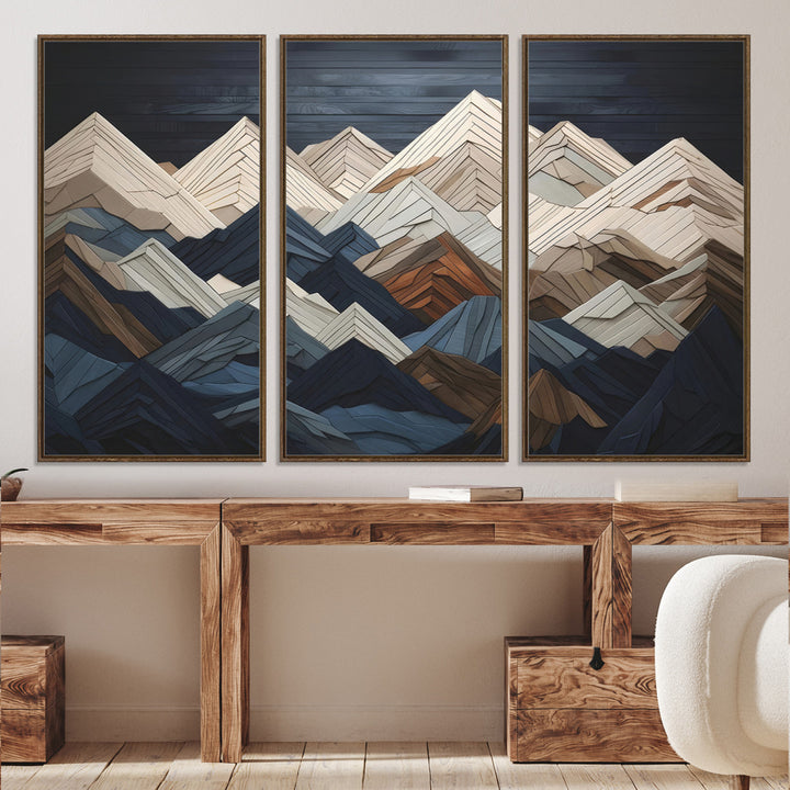 Rustic Mountain Landscape Wall Art Print - Wooden 3D Effect Mountain Canvas Print - Textured Peaks Wall Art for Cabin or Lodge Decor