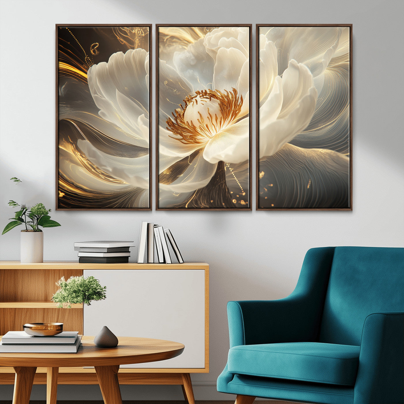 MGV-FC-48X32-3P - Gold Floral Wall Art Canvas Print, Framed Modern Flower Art Picture Print, Golden Abstract Perfect Vintage Decor Artwork