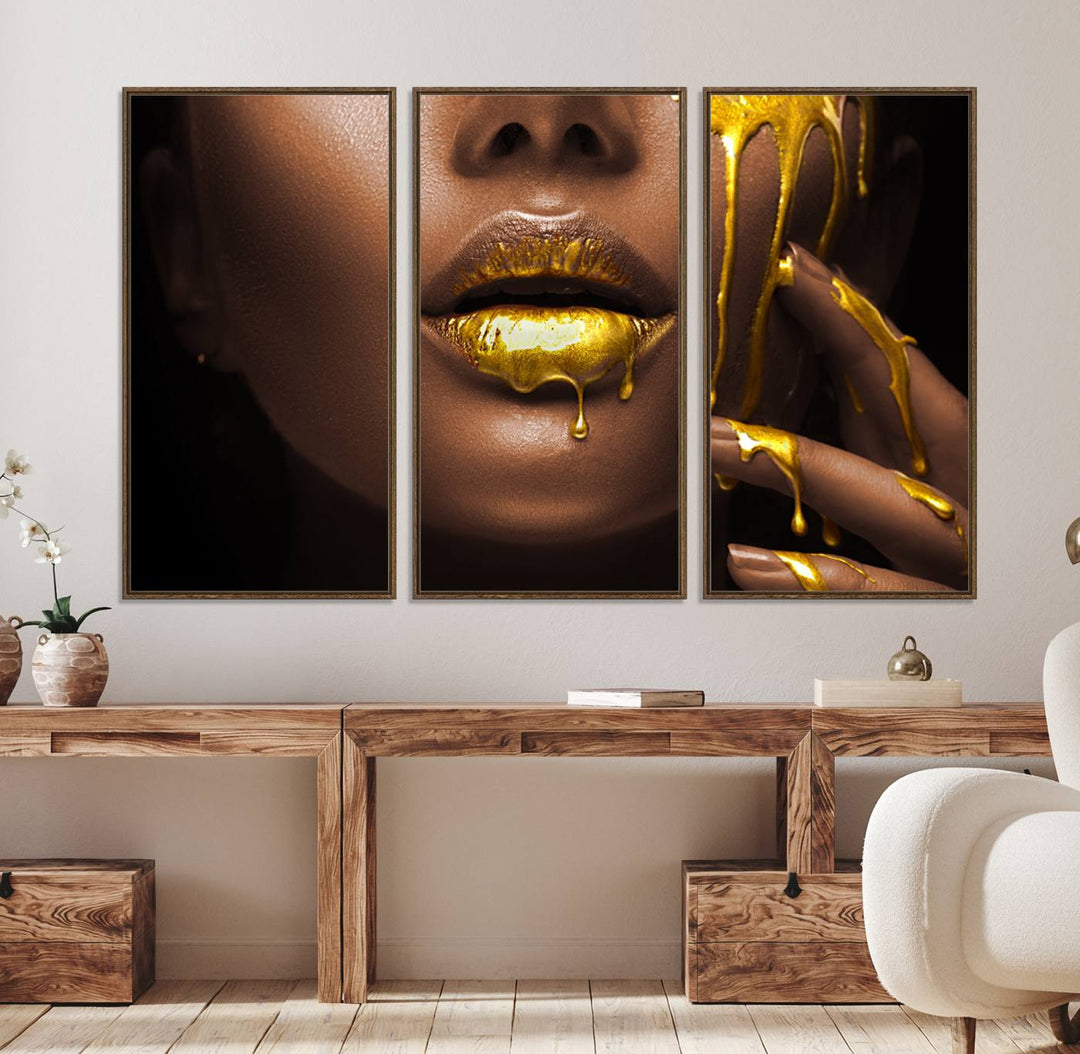 African American Art Canvas Print of a Black Woman with Gold Lips.