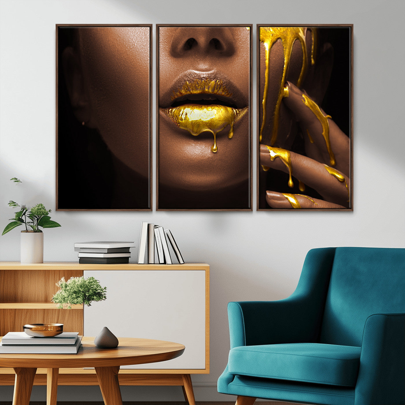 MGV-FC-48X32-3P - African American Art Black Woman Canvas Print, African Wall Art, Fashion African Woman Gold Lips