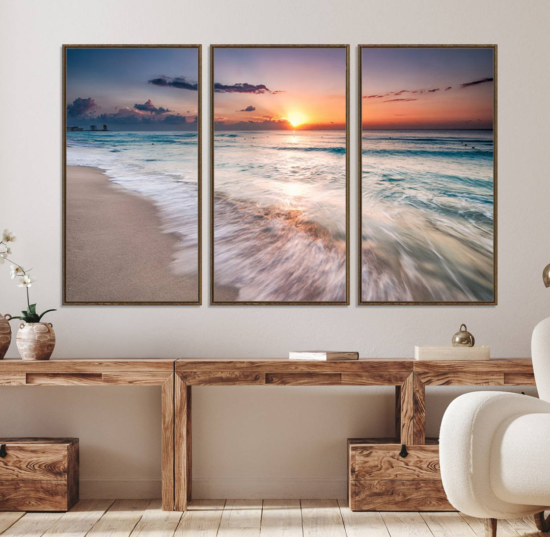 The Sunset Beach Wall Art adds tranquility to the living room.