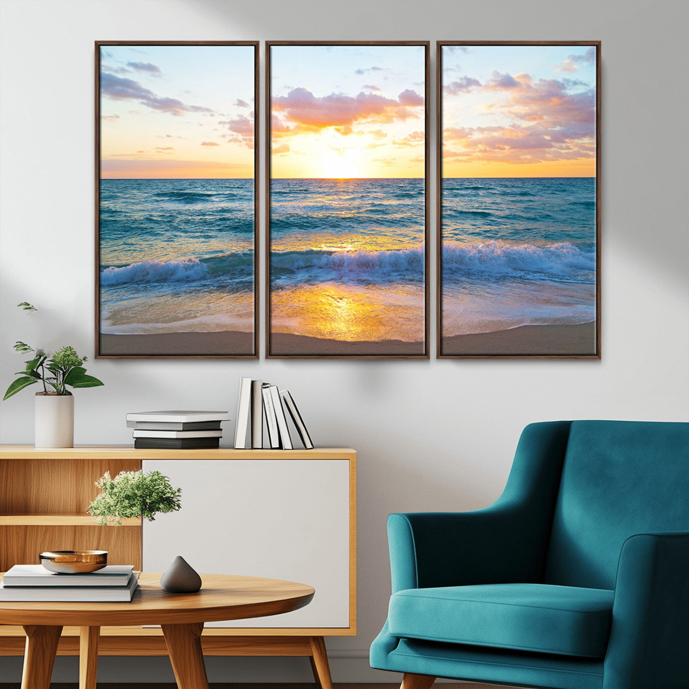 MGV-FC-48X32-3P - Golden Sunset Over Ocean Waves - Serene Coastal Triptych Wall Art for Relaxing Home Decor, Ready to
