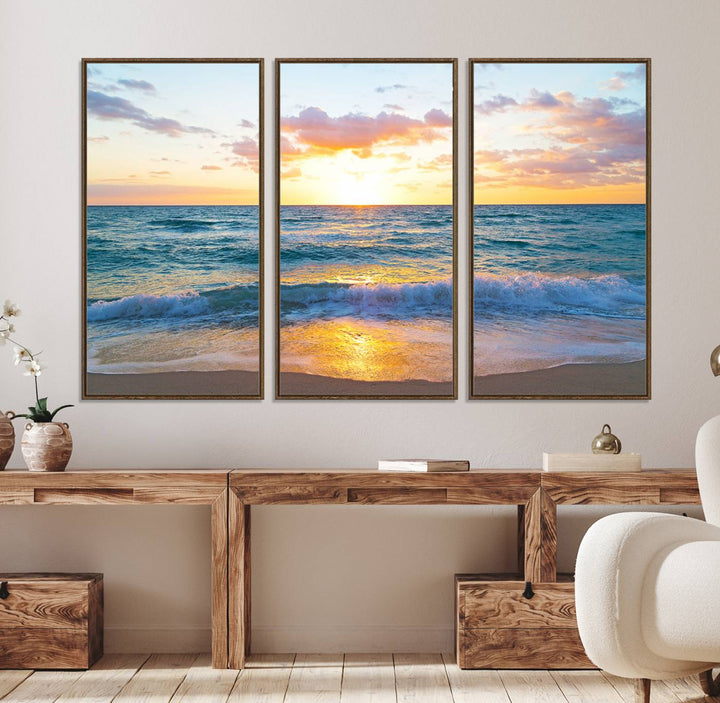 The Golden Sunset Over Ocean Waves painting depicts a vibrant sky.