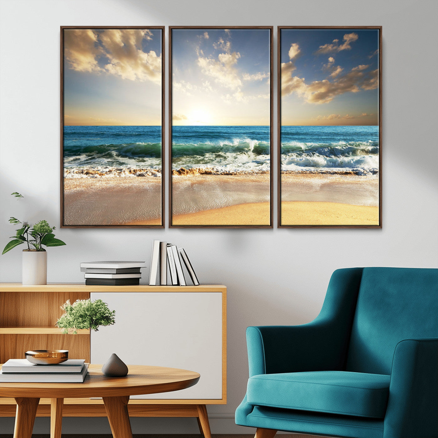 MGV-FC-48X32-3P - Golden Sunset Beach Triptych Canvas Wall Art for Living Room – 3-Panel Ocean View, Framed & Ready to