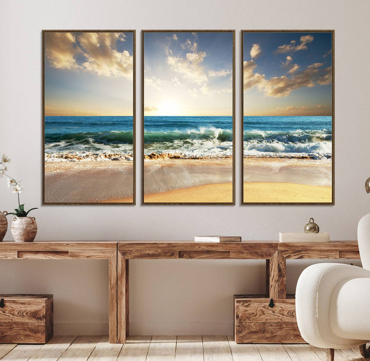 A Golden Sunset Beach triptych adorns the wall.