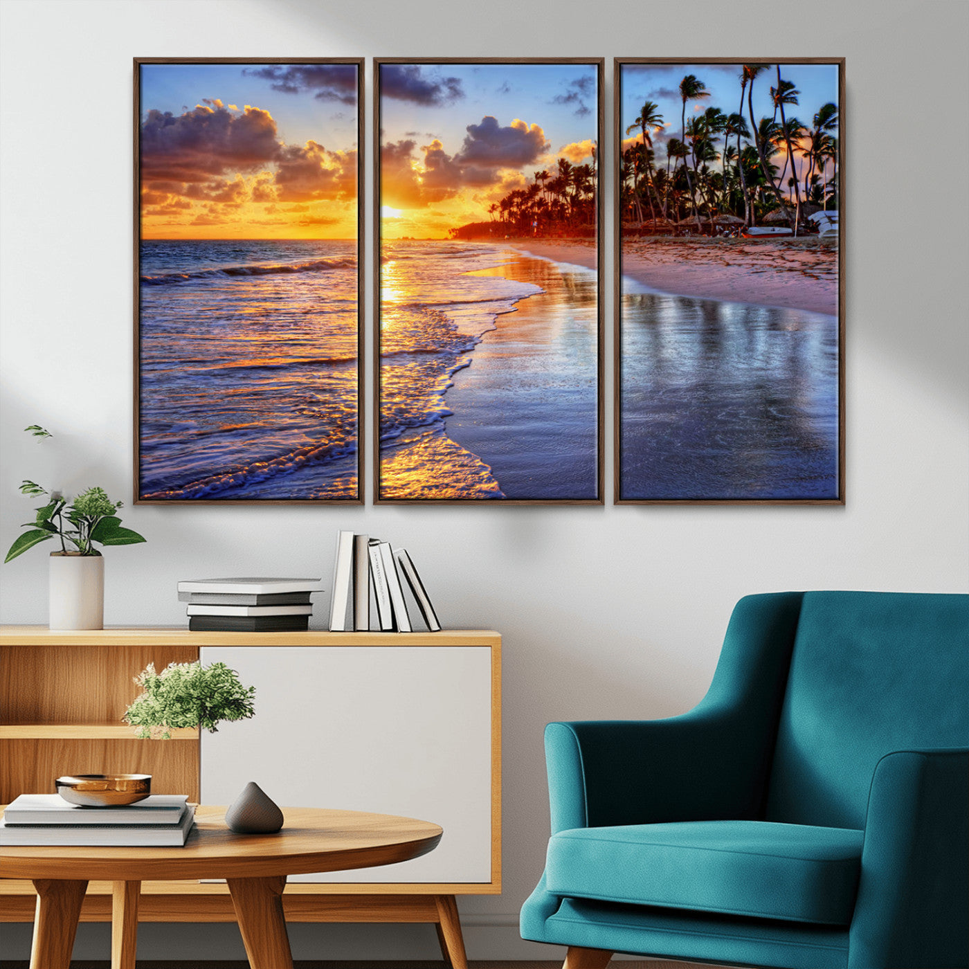 MGV-FC-48X32-3P - Serene Beach Sunset Wall Art Canvas- Coastal Seascape Print for Living Room or Bedroom, Ocean Waves