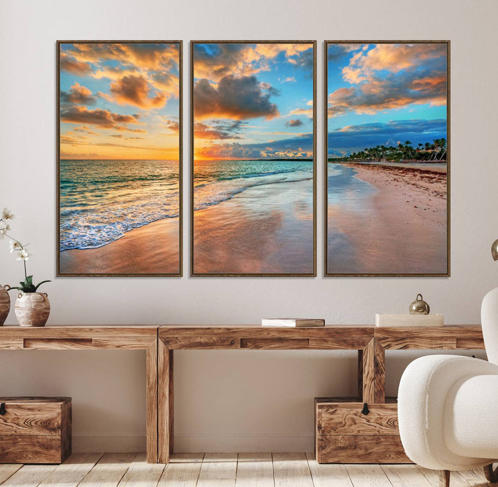 The Serene Beach Sunset Wall Art captures waves gently on the sandy shore.