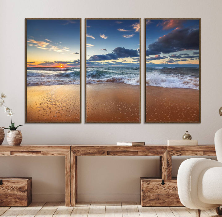 A Beach Canvas Wall Art depicting ocean waves and a tranquil sunset hangs above, capturing the serene beauty of coastal scenery.