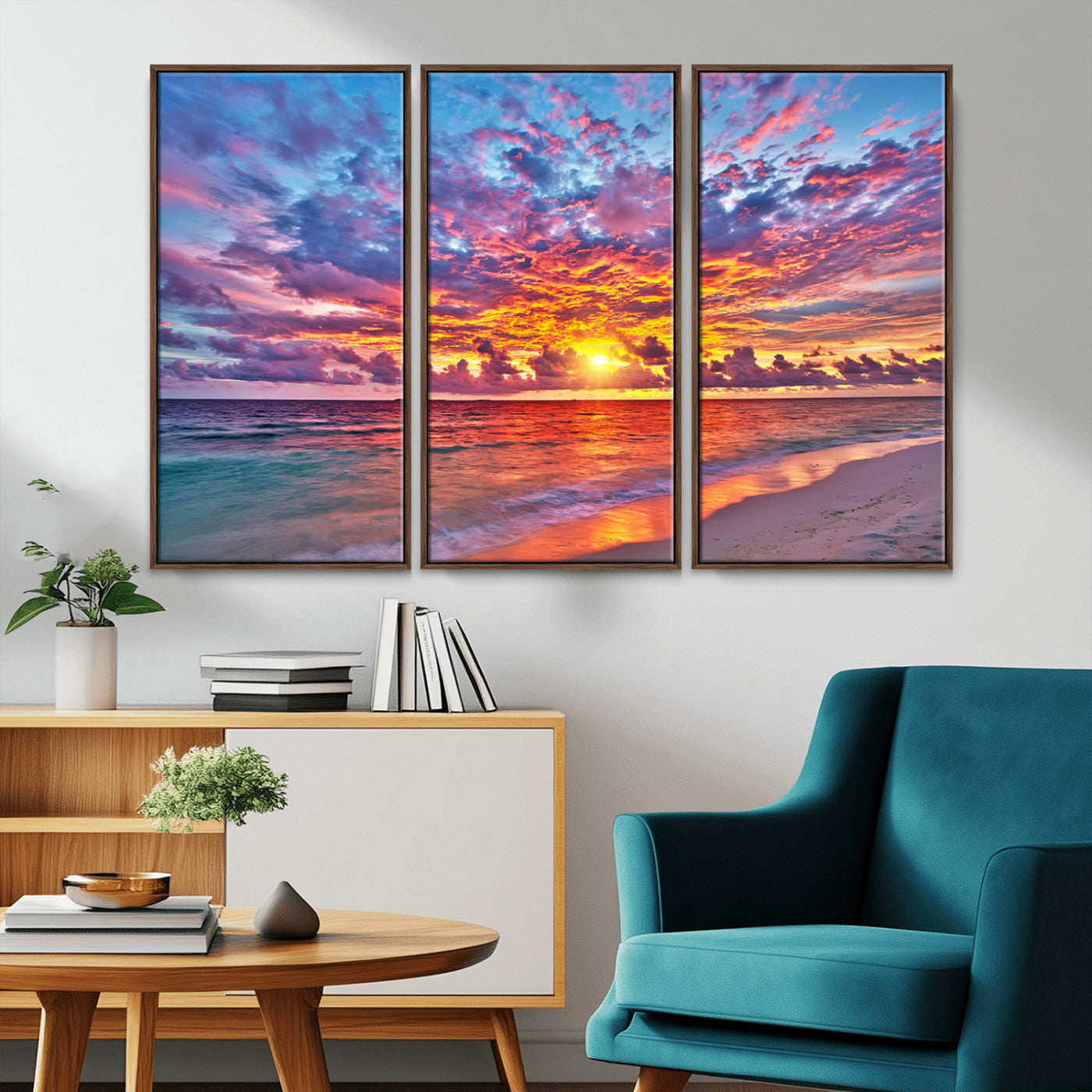 MGV-FC-48X32-3P - Vibrant Sunset Beach Wall Art - Ocean Sunset Canvas Print | Coastal Wall Art Decor Stunning Sunset