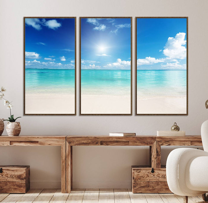 The Blue Ocean Wall Art Canvas Print hangs, creating a tranquil paradise.