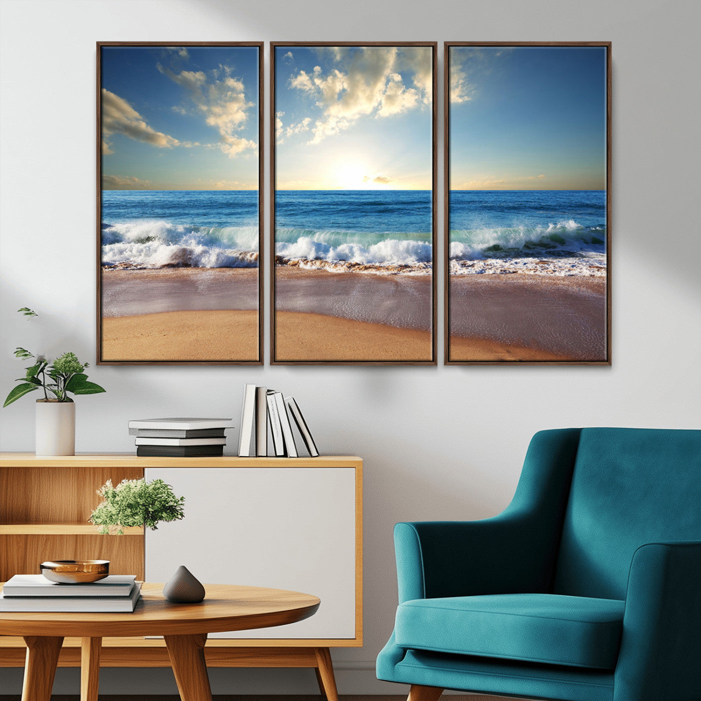 MGV-FC-48X32-3P - Serene Ocean Sunset Canvas Wall Art - Beach Waves at Sunset, Ready to Hang