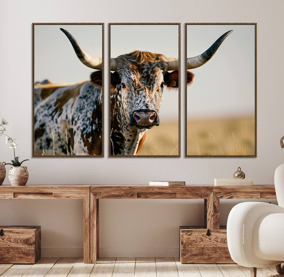 The Texas Bull Longhorn Wall Art Canvas Print is perfect for farmhouse decor.