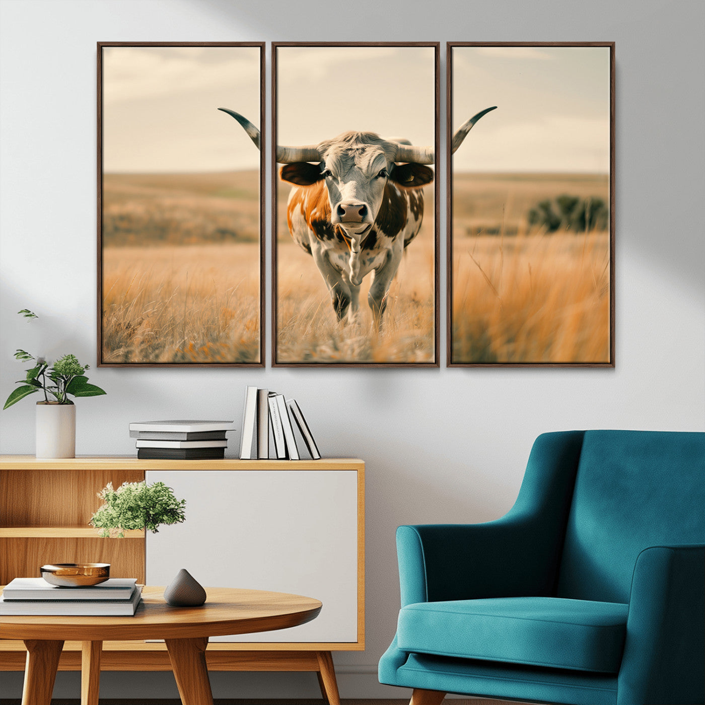 MGV-FC-48X32-3P - Texas Cow Wall Art Canvas Print for Farm House Wall Decor, Farmhouse Wall Art Print