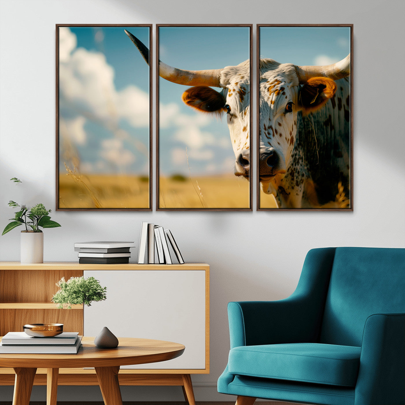 MGV-FC-48X32-3P - Longhorn in the Prairie - Stunning Ranch-Style Triptych Wall Art for Western Home Decor, Cowboy Wall