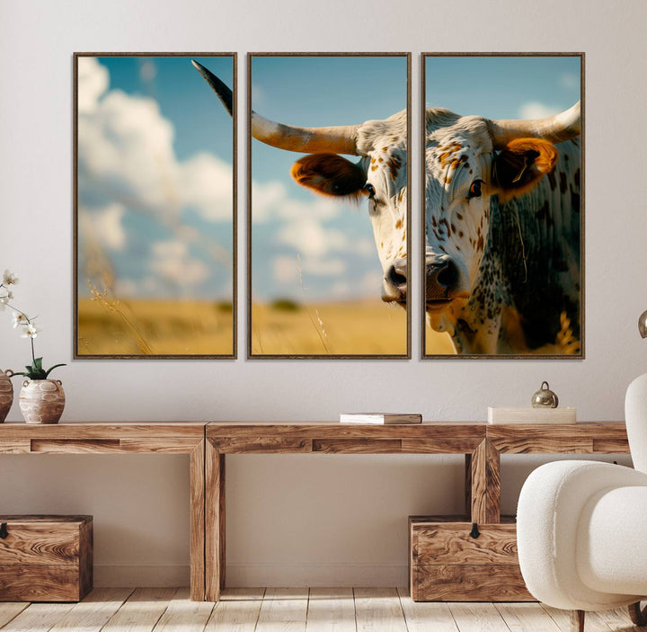 The Longhorn in the Prairie triptych cowboy wall art is ideal for western decor.