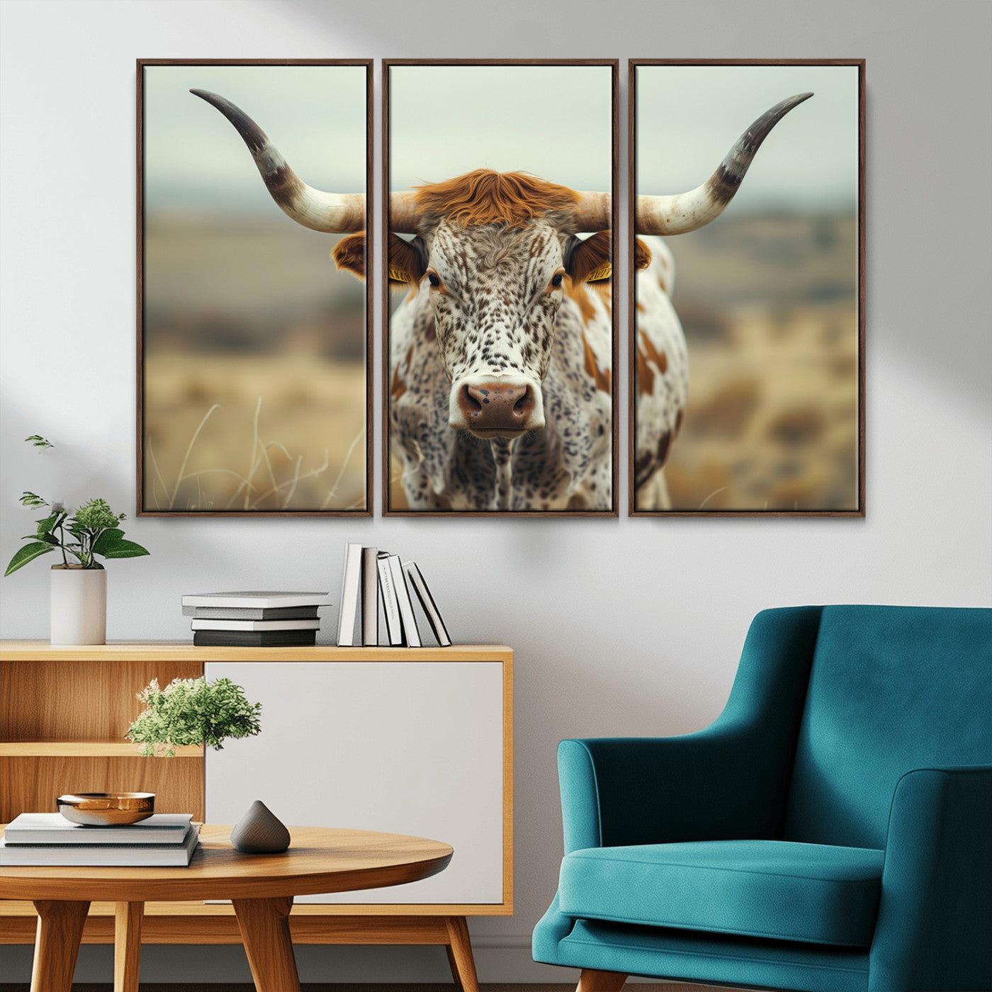 MGV-FC-48X32-3P - Texas Cow Longhorn Wall Art Canvas Print for Farm House Wall Decor, Farmhouse Wall Art Print