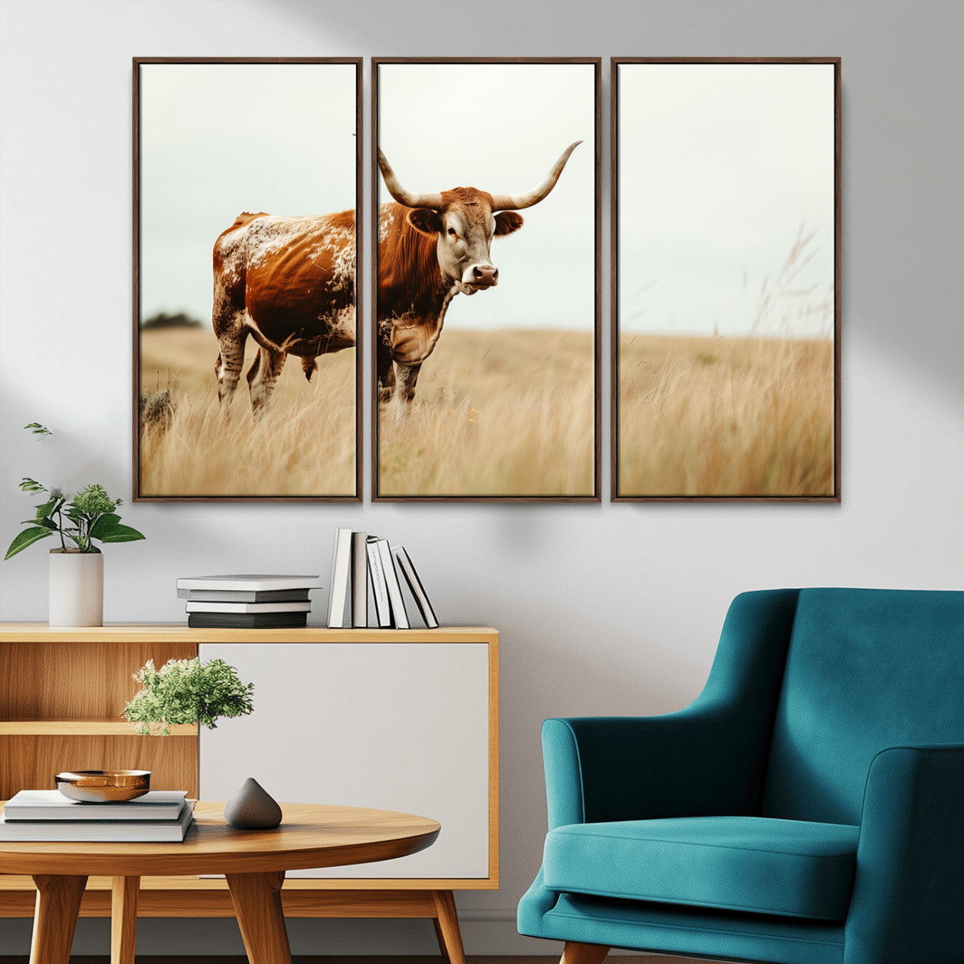 MGV-FC-48X32-3P - Texas Longhorn Canvas Wall Art Print – Majestic Western Cattle in Rustic Farmhouse Decor – Cow Wall