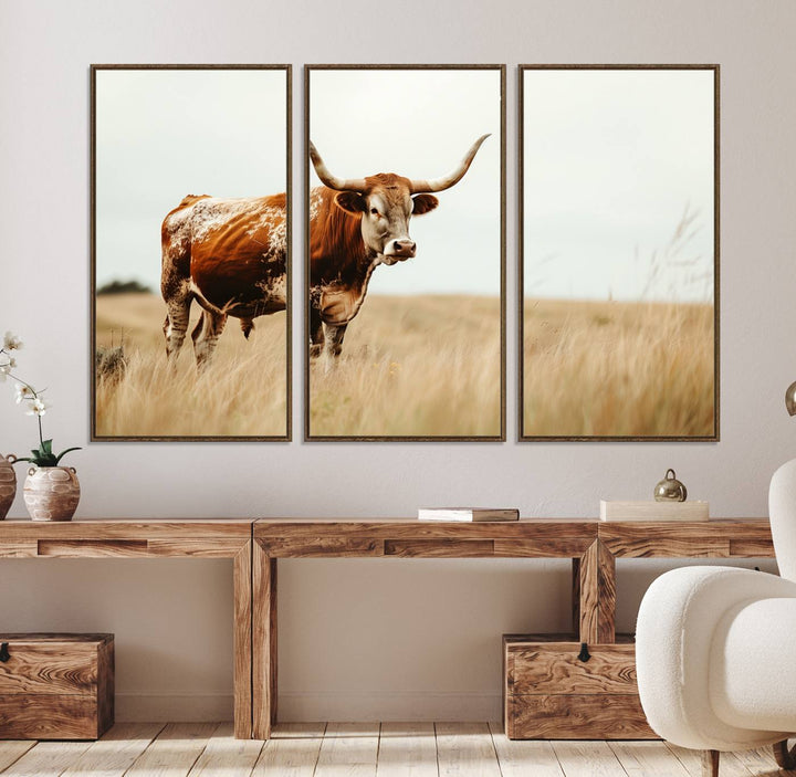 The Texas Longhorn canvas wall art print enhances a rustic farmhouse decor setting.