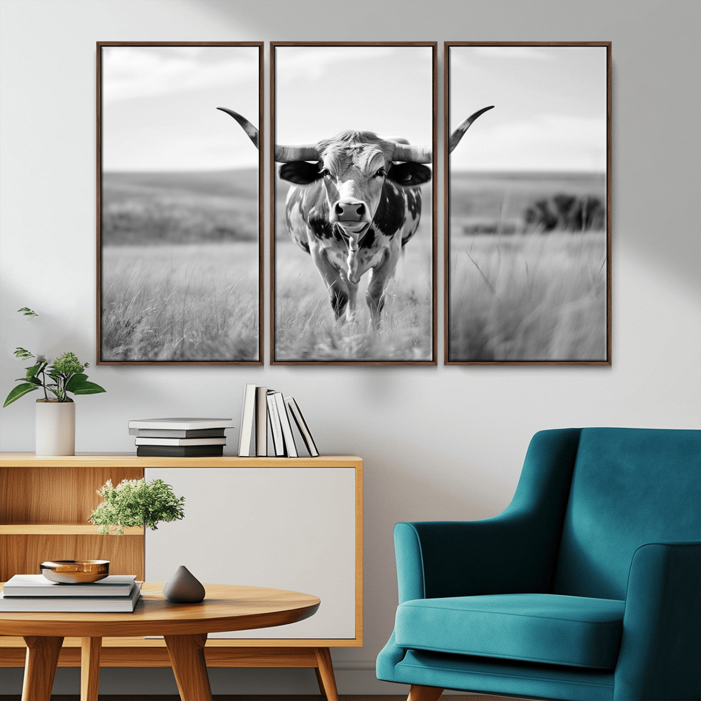 MGV-FC-48X32-3P - Texas Cow Longhorn Wall Art Canvas Print for Farm House Wall Decor, Farmhouse Wall Art Print