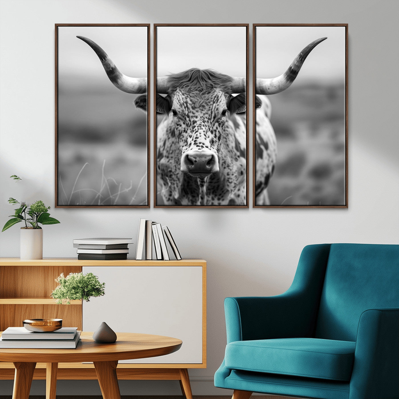 MGV-FC-48X32-3P - Texas Cow Longhorn Wall Art Canvas Print for Farm House Wall Decor, Farmhouse Wall Art Print