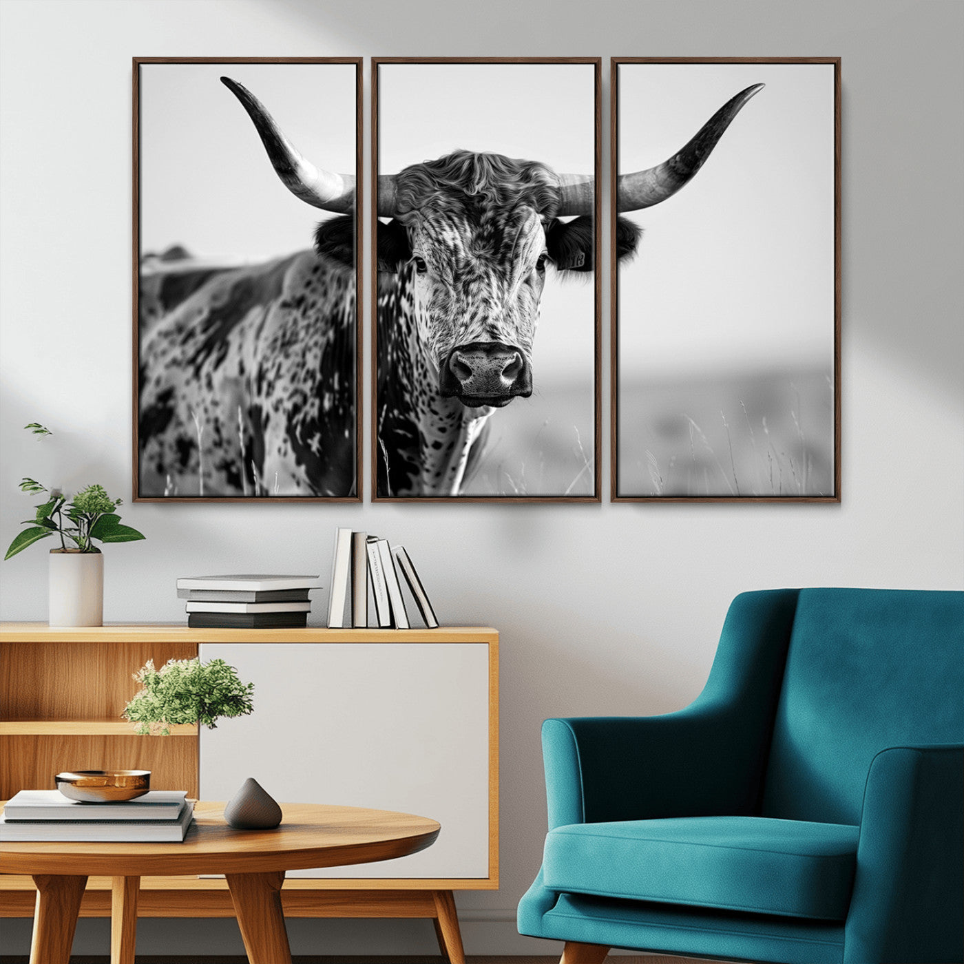 MGV-FC-48X32-3P - Texas Highland Cow Longhorn Canvas Print - Rustic Farmhouse Wall Art - Large Texas Longhorn
