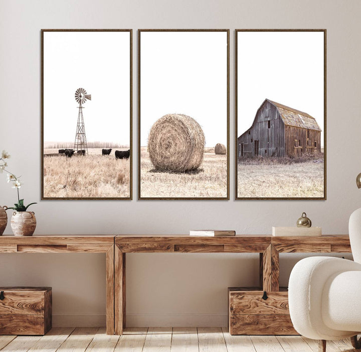 Above the couch, a Rustic Farmhouse Wall Art set depicts a barn and wheat field.