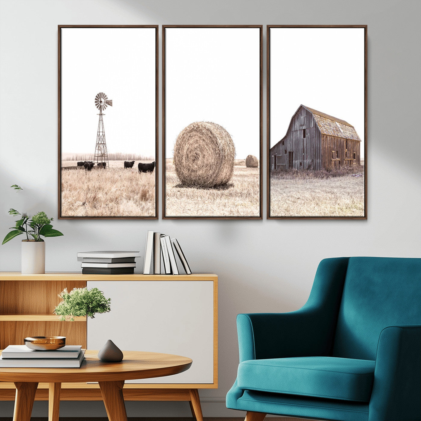 MGV-FC-48X32-3P - Rustic Farmhouse Wall Art Set of 3 – Country Barn and Wheat Field | Farm Prints for Country Home and