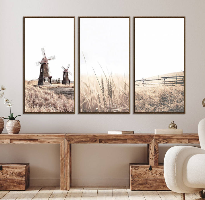 Farmhouse wall art set: 3 giclee canvas prints featuring windmills and wheat fields.