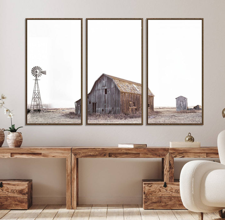 The Set of 3 Rustic Farmhouse Wall Art Prints features a barn, wheat field, and landscape.