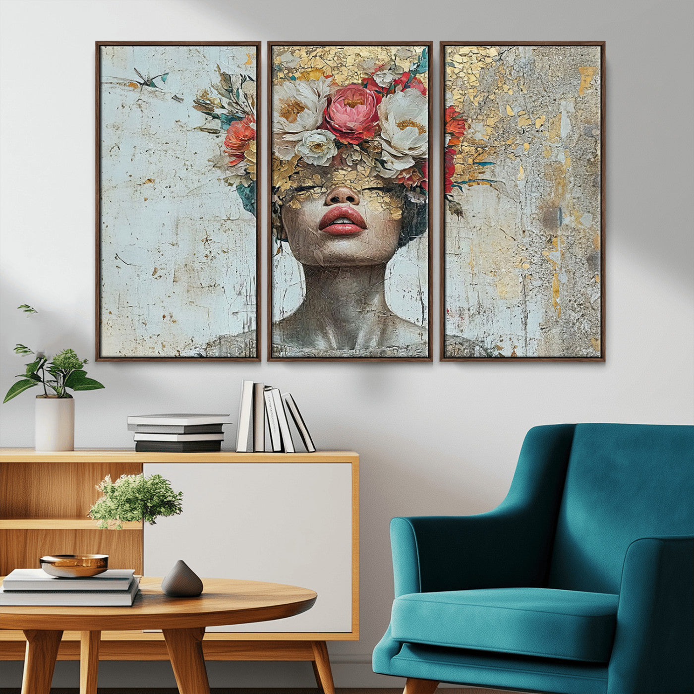 MGV-FC-48X32-3P - Golden Petal Wall Art Canvas Print - Silhouette Woman Wall Art Canvas Print, Floral Woman Portrait