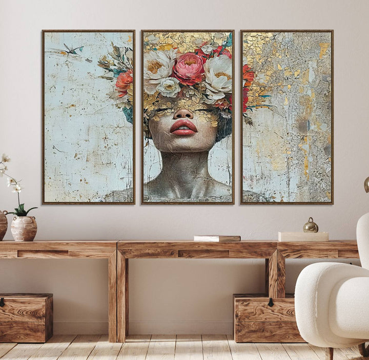 Golden Petal Canvas Print of a silhouette woman with a floral head creates a captivating focal point in the space.