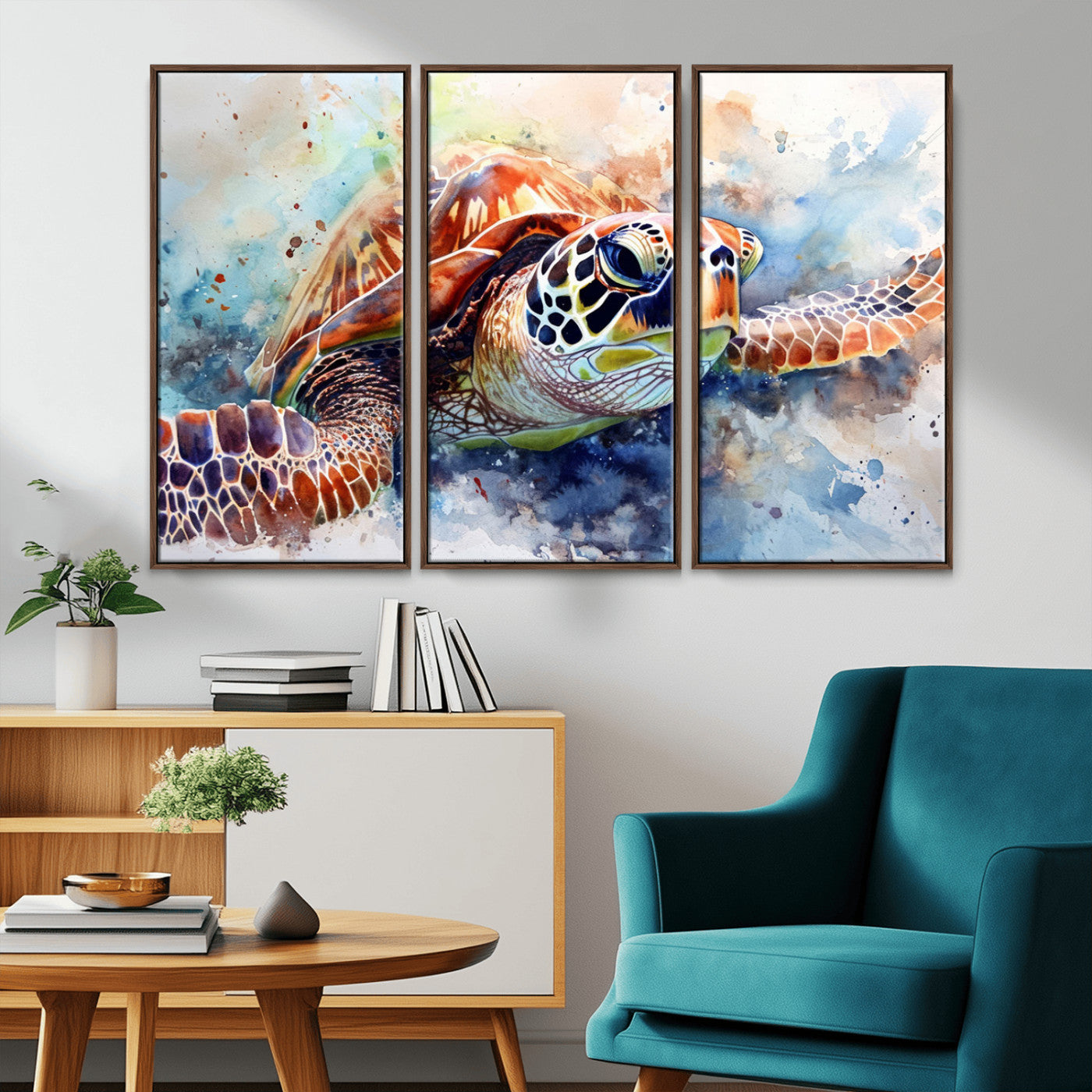 MGV-FC-48X32-3P - Watercolor Sea Turtle Wall Art Canvas Print - Vibrant Ocean Colors in Watercolor Style - Ready to
