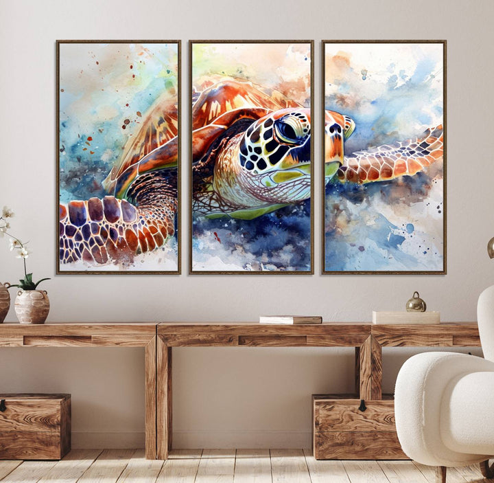 A Watercolor Sea Turtle Canvas Print with vibrant ocean colors adorns the wall.