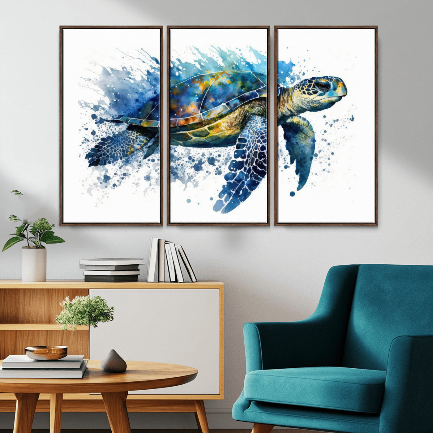 MGV-FC-48X32-3P - Turtle Wall Art Canvas Print, Framed Watercolor Turtle Art Picture Print, Ocean Life Perfect Nautical Decor Artwork