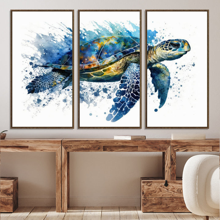 The Turtle Wall Art Print, featuring blue splashes, beautifully showcases Ocean Life.