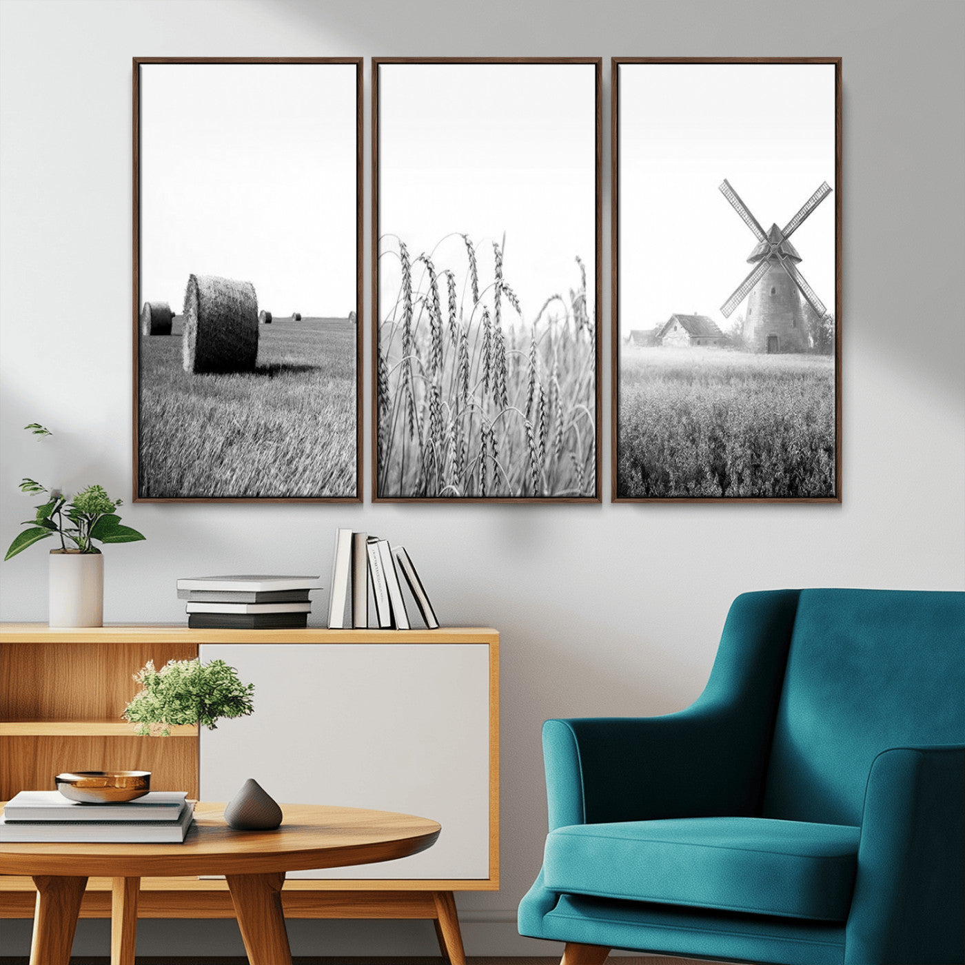 MGV-FC-48X32-3P - Vintage Farmhouse Black and White Triptych Wall Art – Giclee Canvas Featuring Wheat Fields, Hay