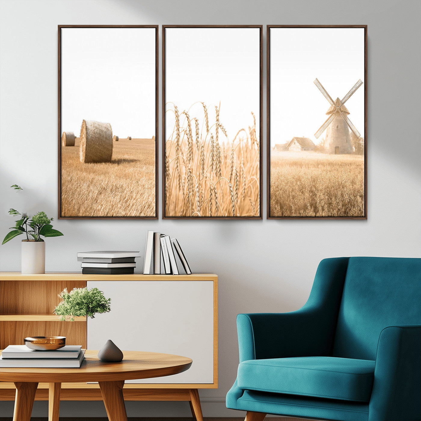 MGV-FC-48X32-3P - Vintage Farmhouse Triptych Wall Art – Giclée Canvas Featuring Wheat Fields, Hay Bales, and a