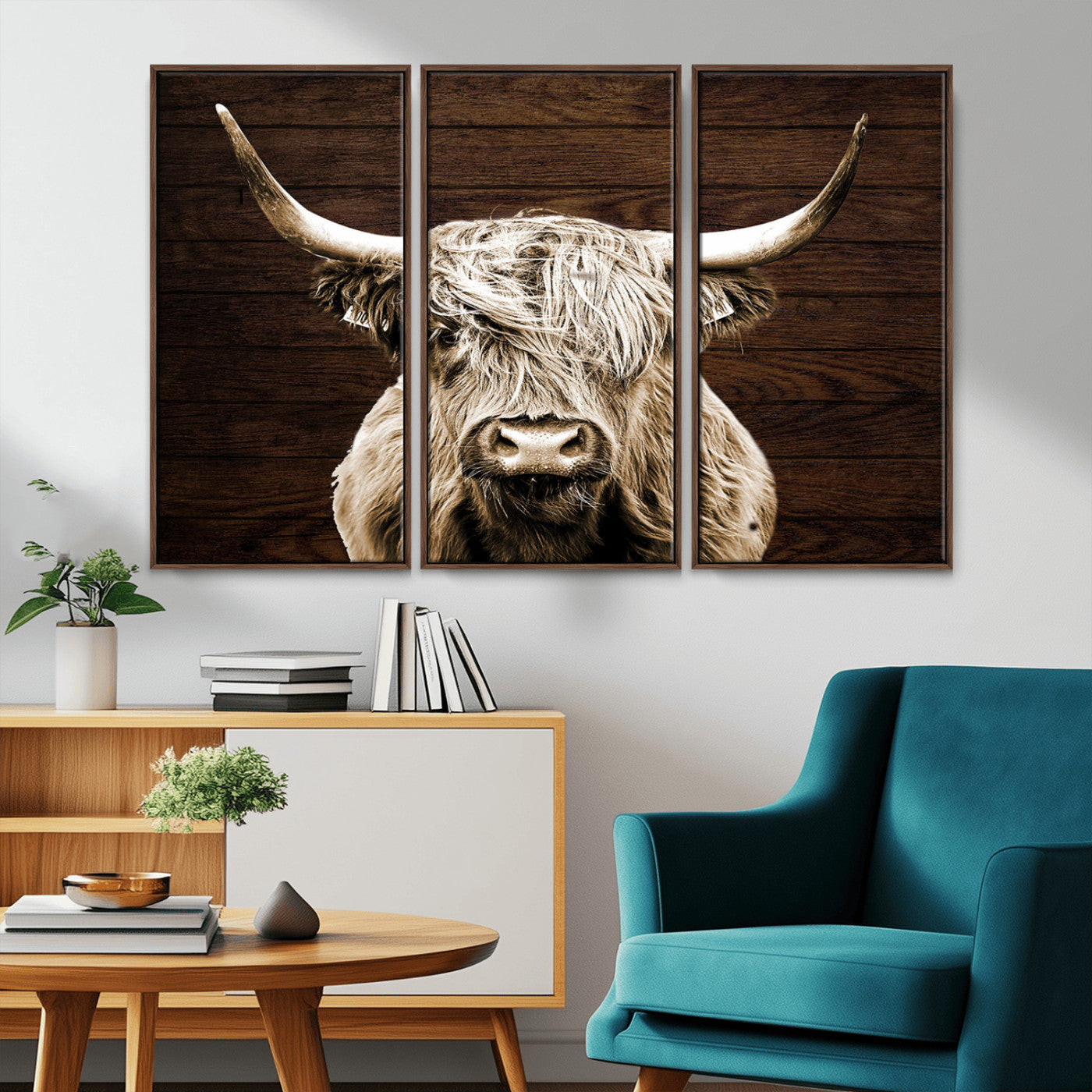MGV-FC-48X32-3P - Highland Cow Wall Art Canvas Print, Rustic Farmhouse Decor, Majestic Scottish Highland Bull Portrait