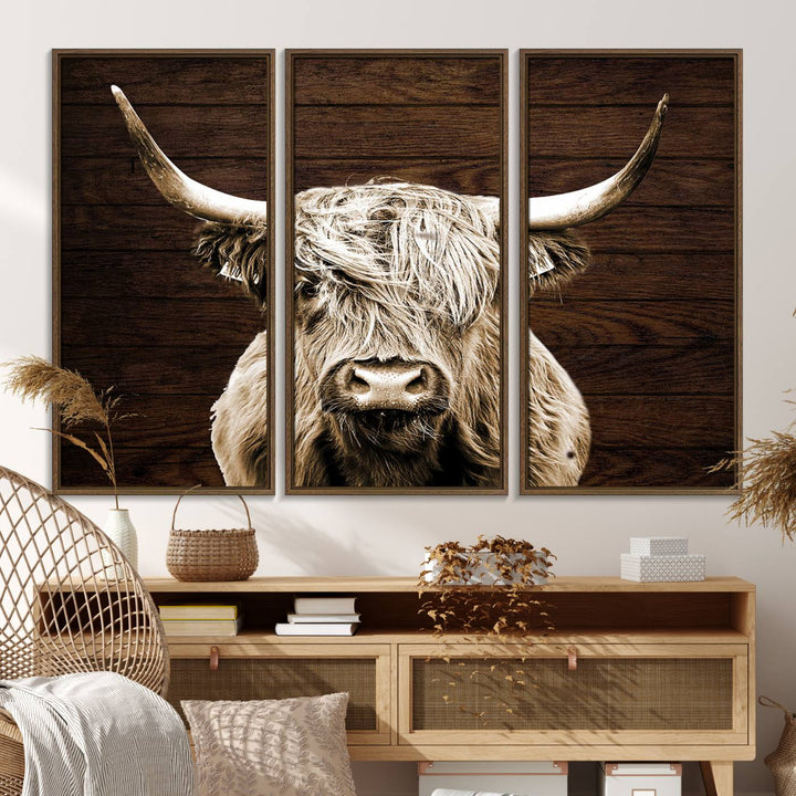 Highland Cow Wall Art Canvas Print: Majestic Scottish bull on rustic decor, ready to hang.