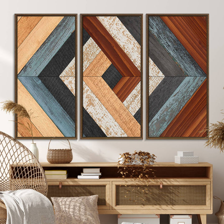 A Geometric Wood Art Wall Decor with a rustic pattern hangs prominently.