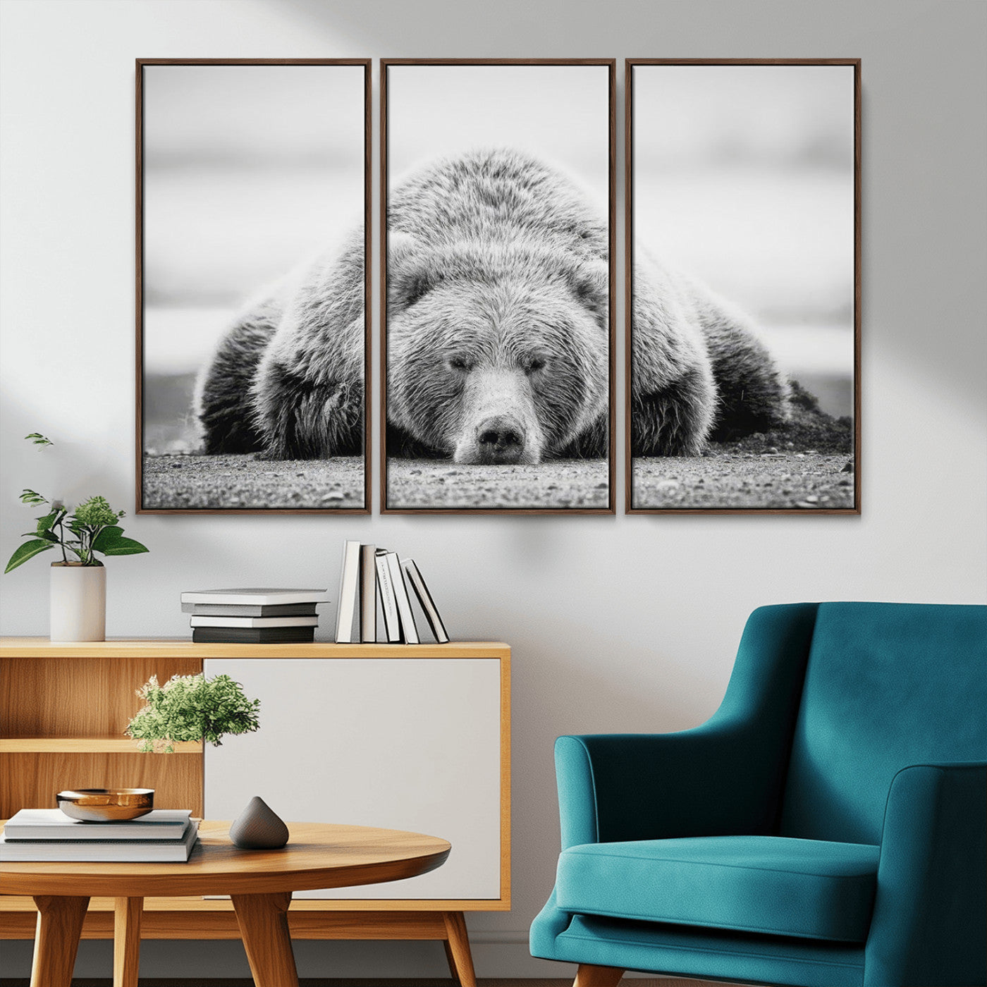 MGV-FC-48X32-3P - Resting Grizzly Bear Wall Art Canvas Print – Majestic Lazy Black and White Wildlife Bear Art,
