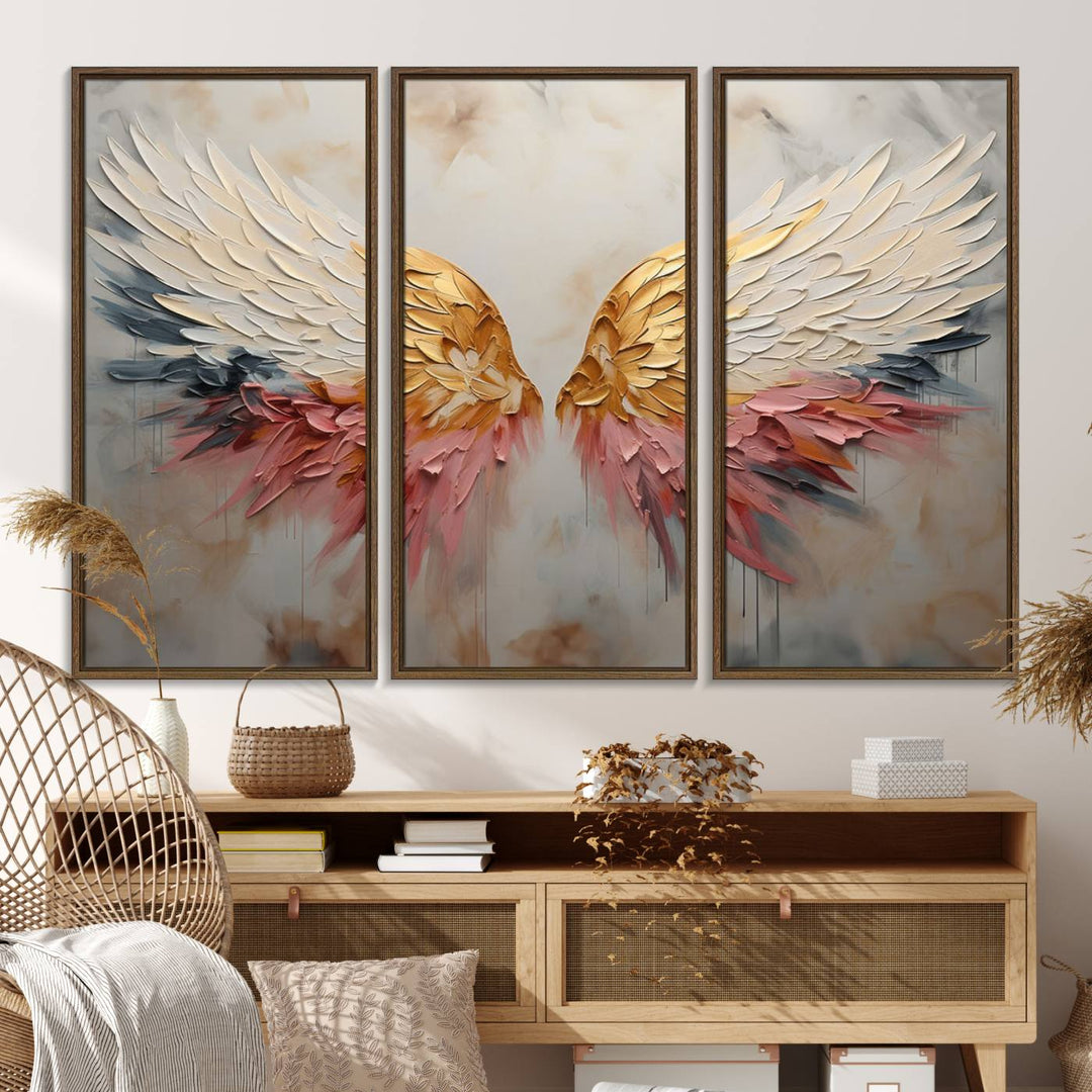 The Golden Angel Wings canvas print elegantly adorns the wall.