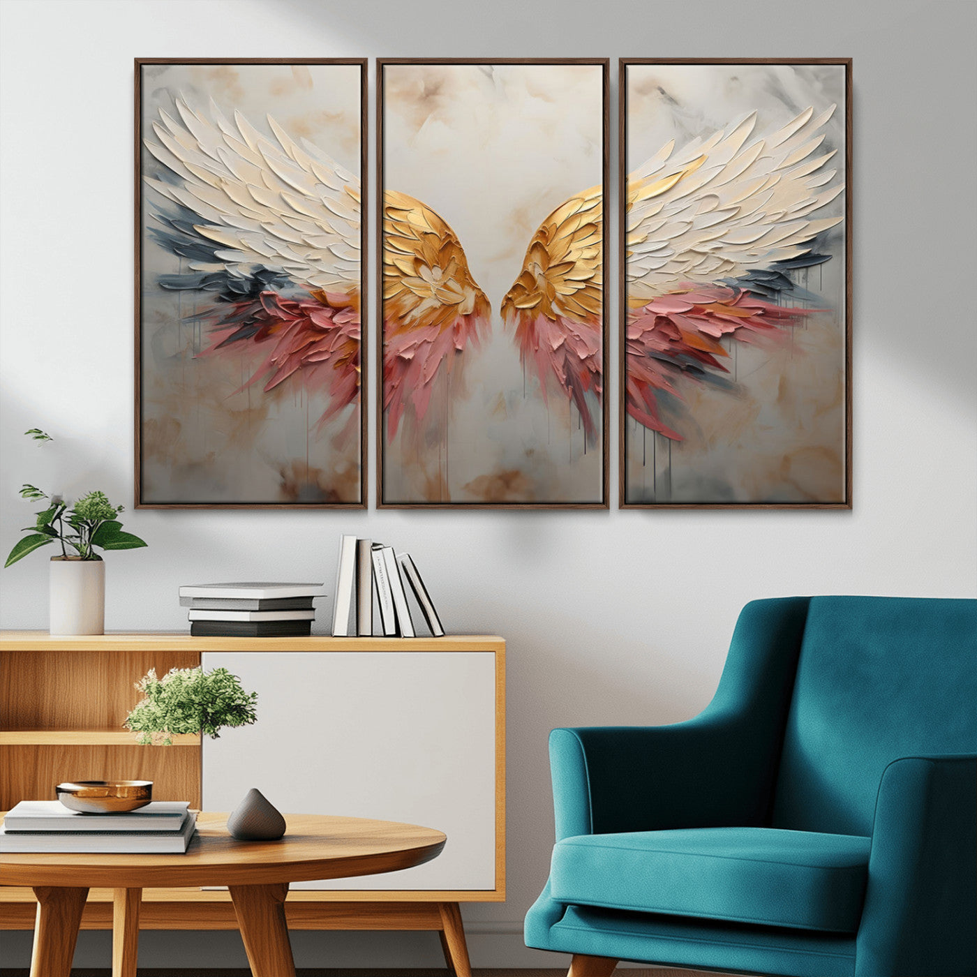 MGV-FC-48X32-3P - Golden Angel Wings Wall Art Canvas Print – Stunning Abstract Winged Art for Elegant Home Decor –