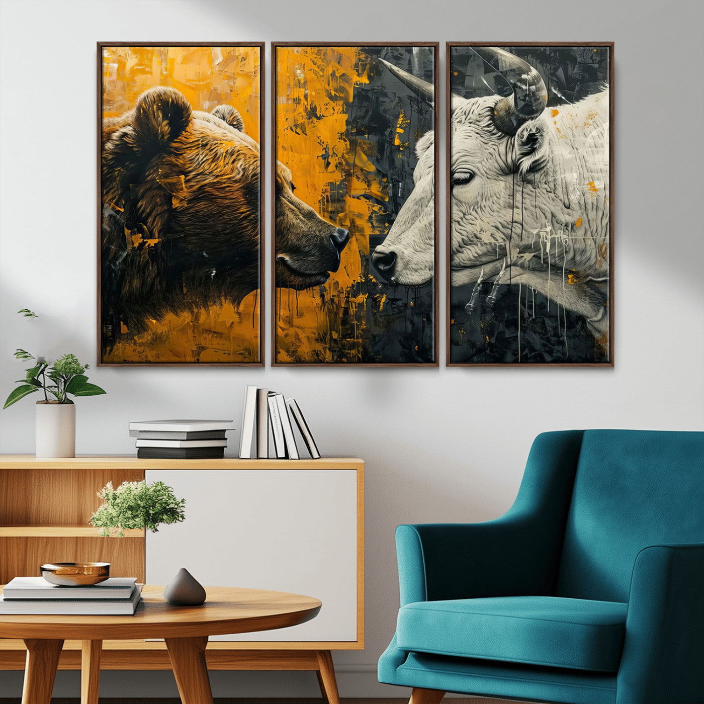 MGV-FC-48X32-3P - Bear and Bull Wall Art Canvas Print – Abstract Animal Portrait Painting for Modern Home Decor –