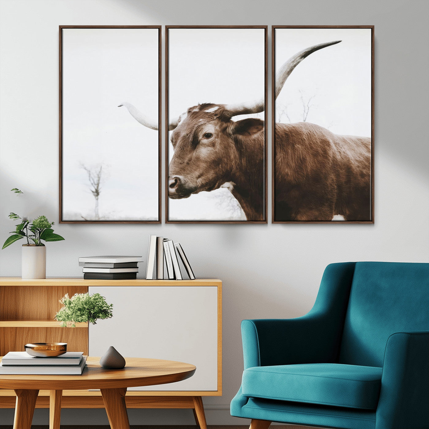 MGV-FC-48X32-3P - Rustic Bull Wall Art Canvas Print – Modern Longhorn Farmhouse Animal Decor – Abstract Farm Cow