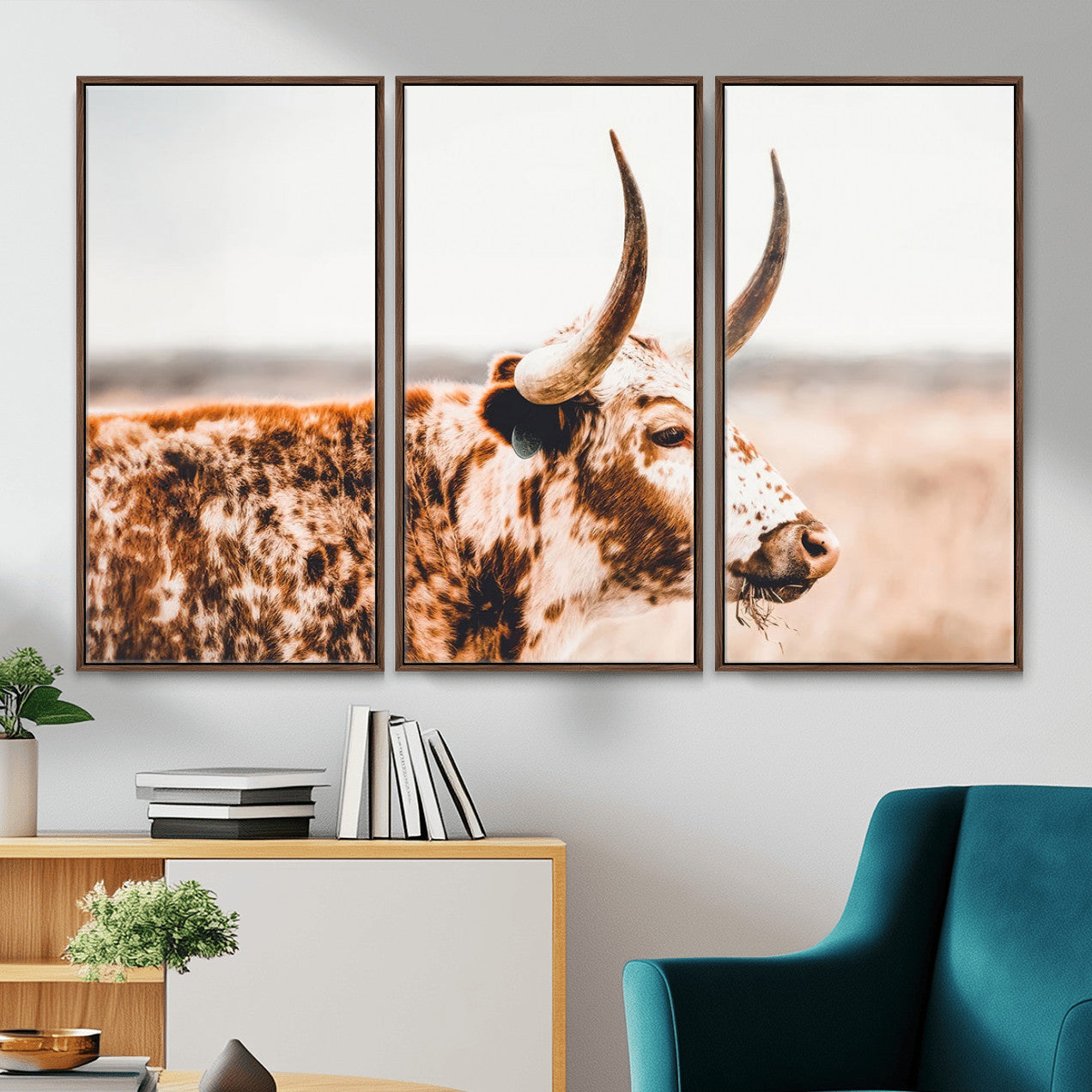 MGV-FC-48X32-3P - Speckled Bull Wall Art Canvas Print – Rustic Cow Longhorn Farmhouse Animal Decor – Western Longhorn
