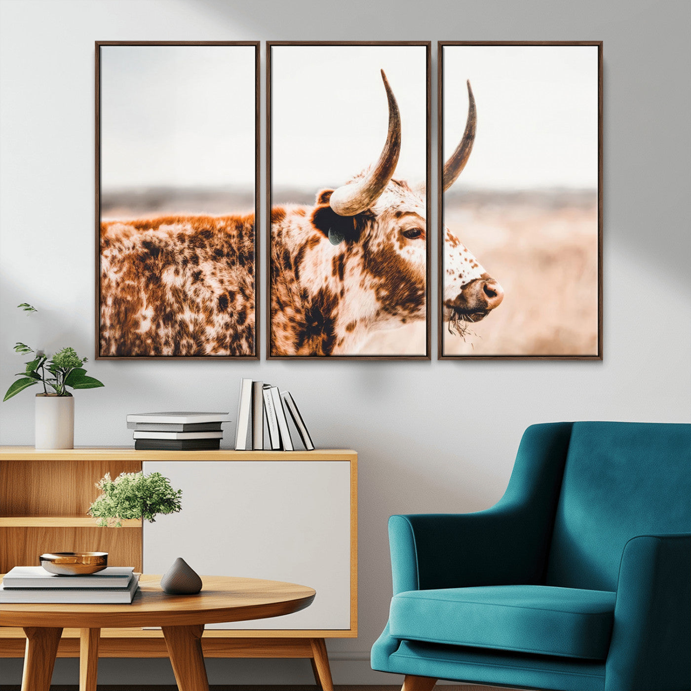 50356-MGV-FC-48X32-3P_Walnut-Speckled Bull Wall Art Canvas Print – Rustic Cow Longhorn Farmhouse Animal Decor – Western Longhorn