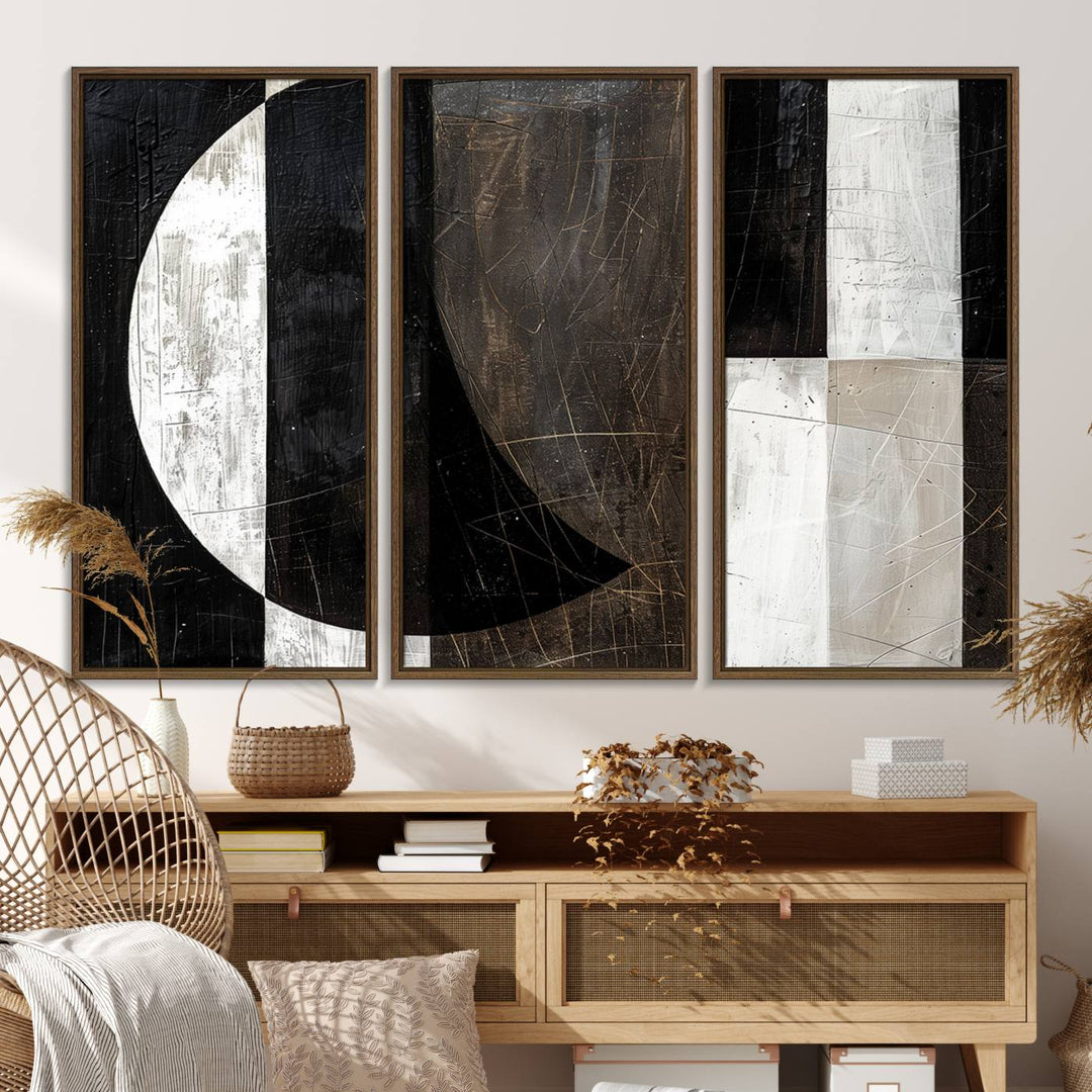 Wabi Sabi Wall Art Canvas Set features black, white, and brown geometric shapes.